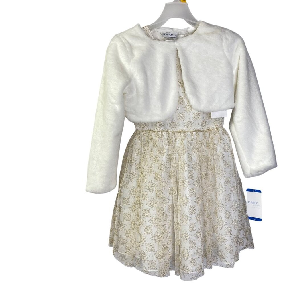 Rare Editions Girls Cream & Gold Dress With Faux Fur Jacket Set Md 10-12 NWT